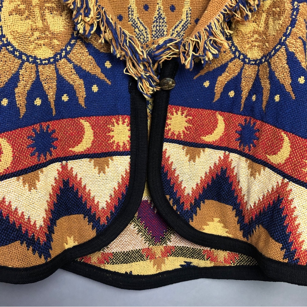 VTG Celestial Tapestry Jacket Blue Orange Sun Face Stars Moon Fringe Aztec - Picture 6 of 9